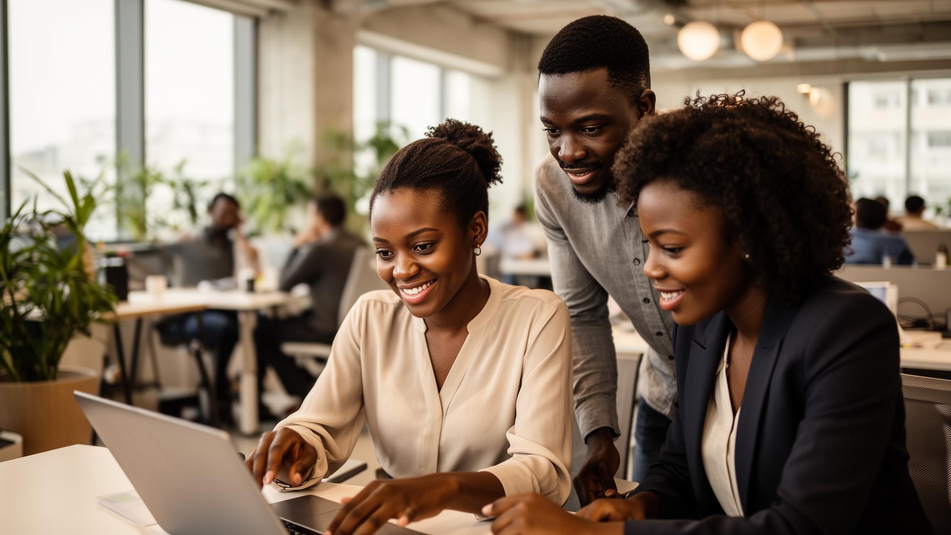 A young African HR team collaborating around a laptop in a modern Lagos office