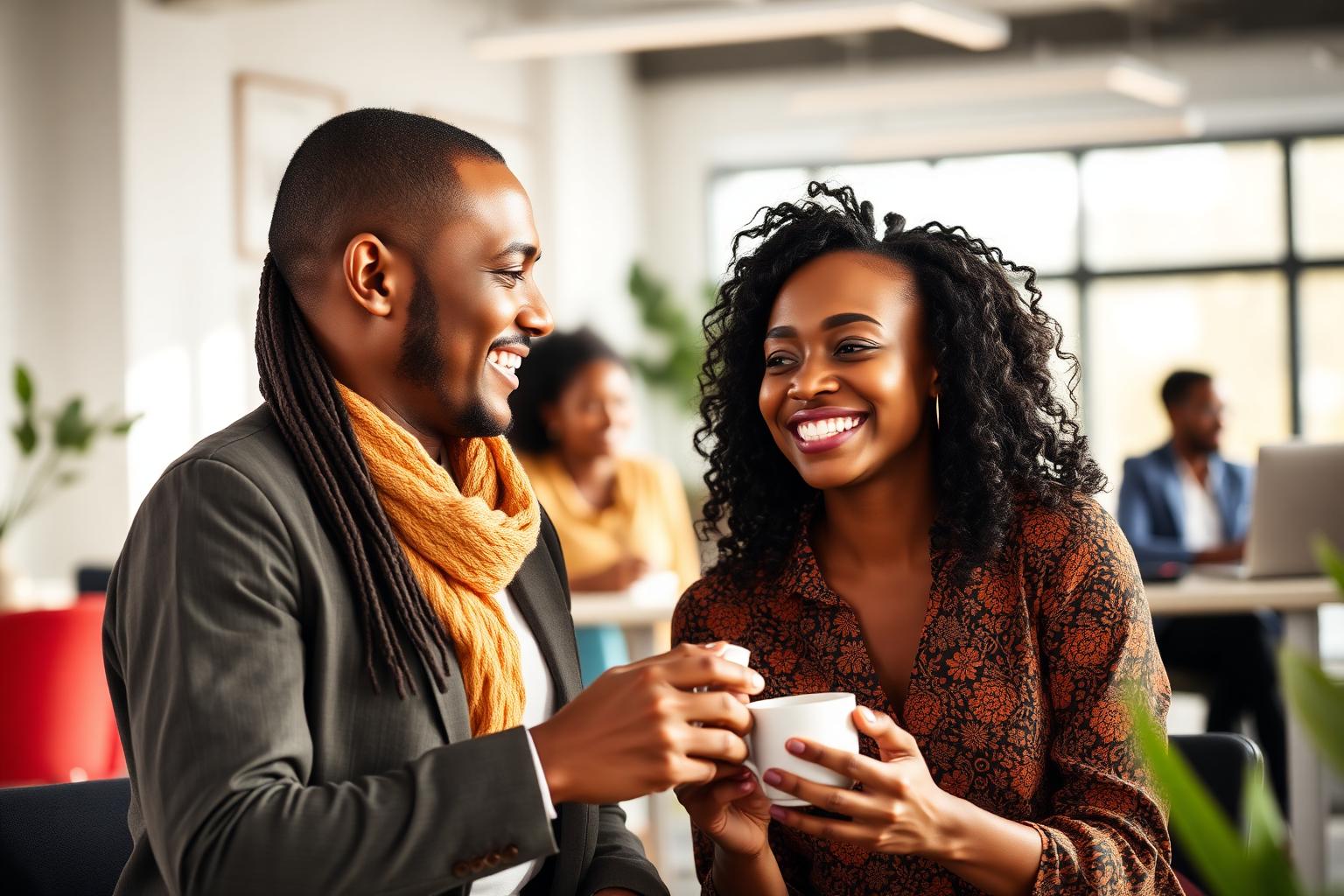 A manager having a supportive wellbeing conversation with an employee in a bright modern African office