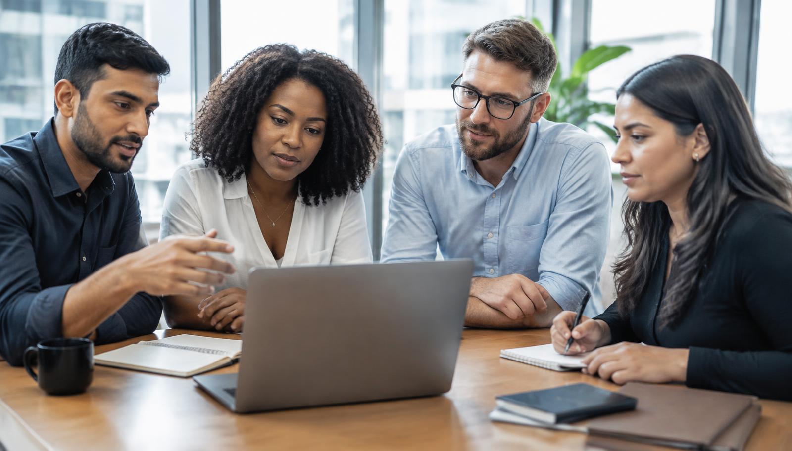 A diverse HR team collaborating around a laptop in a modern office