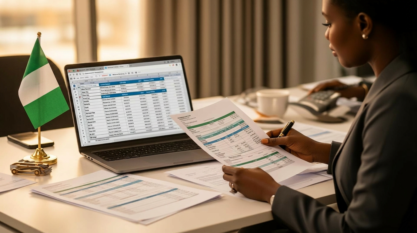A Nigerian payroll officer reviewing PAYE and pension schedules on a laptop in a Lagos office