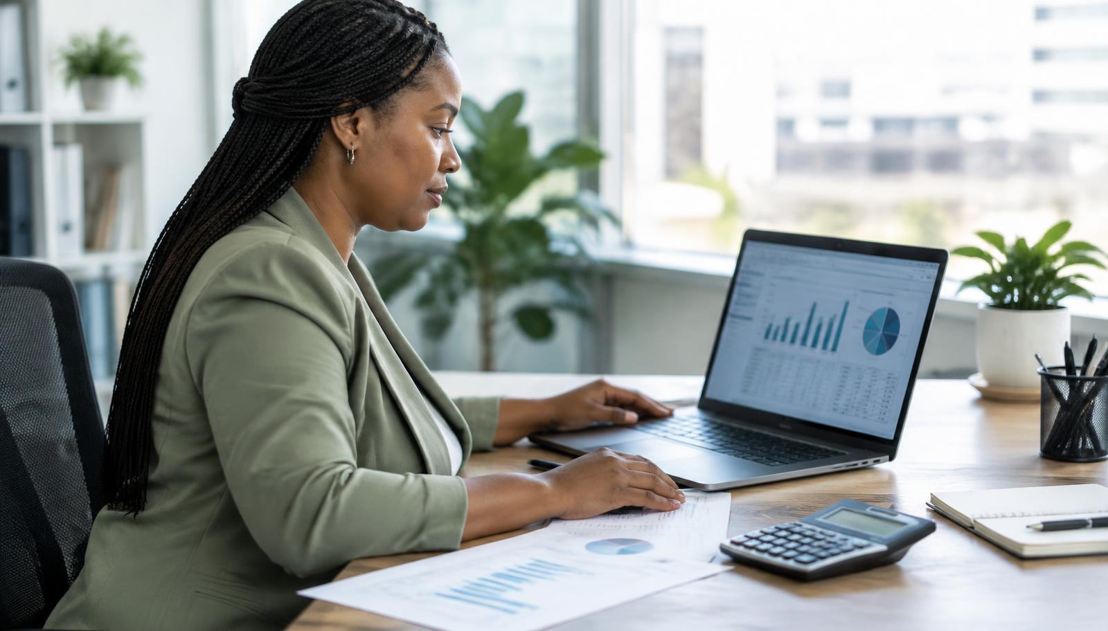 A payroll specialist reviewing payroll reports on a laptop at a modern office desk