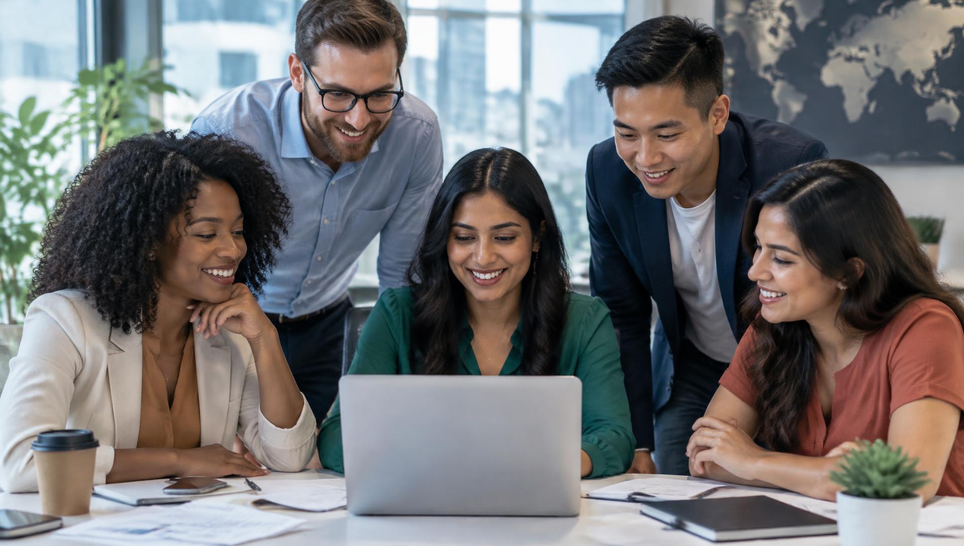 A diverse, multiracial team collaborating on the Onboxd HR platform